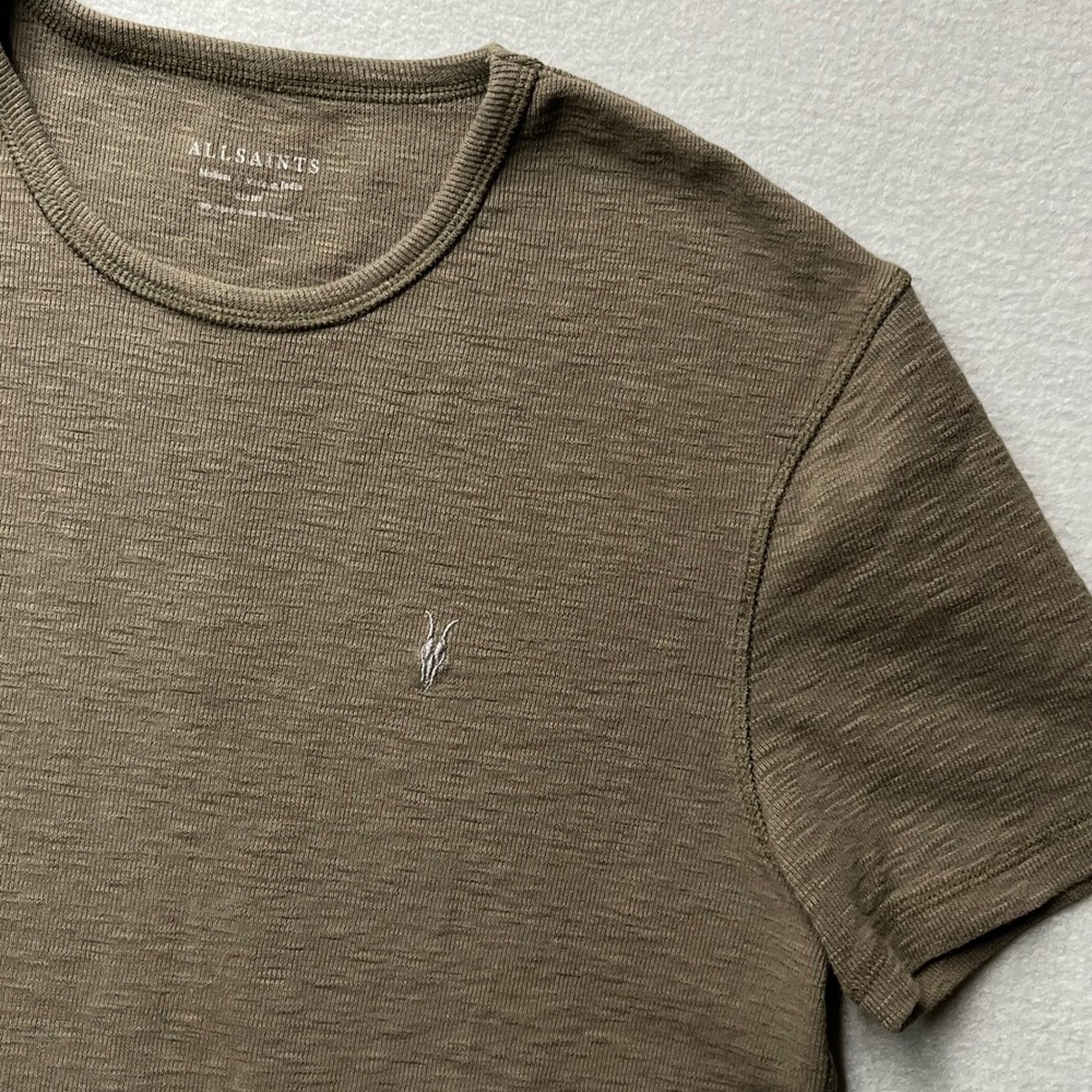 AllSaints Brace Slub Slim Fit T-Shirt Mens Medium Olive Green Ramskull AS459088X